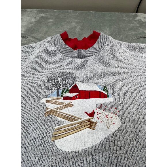 Bon Worth Womens Large Gray Red Sweatshirt Christmas Sweater Barn Snow Bird Tree - Picture 3 of 7